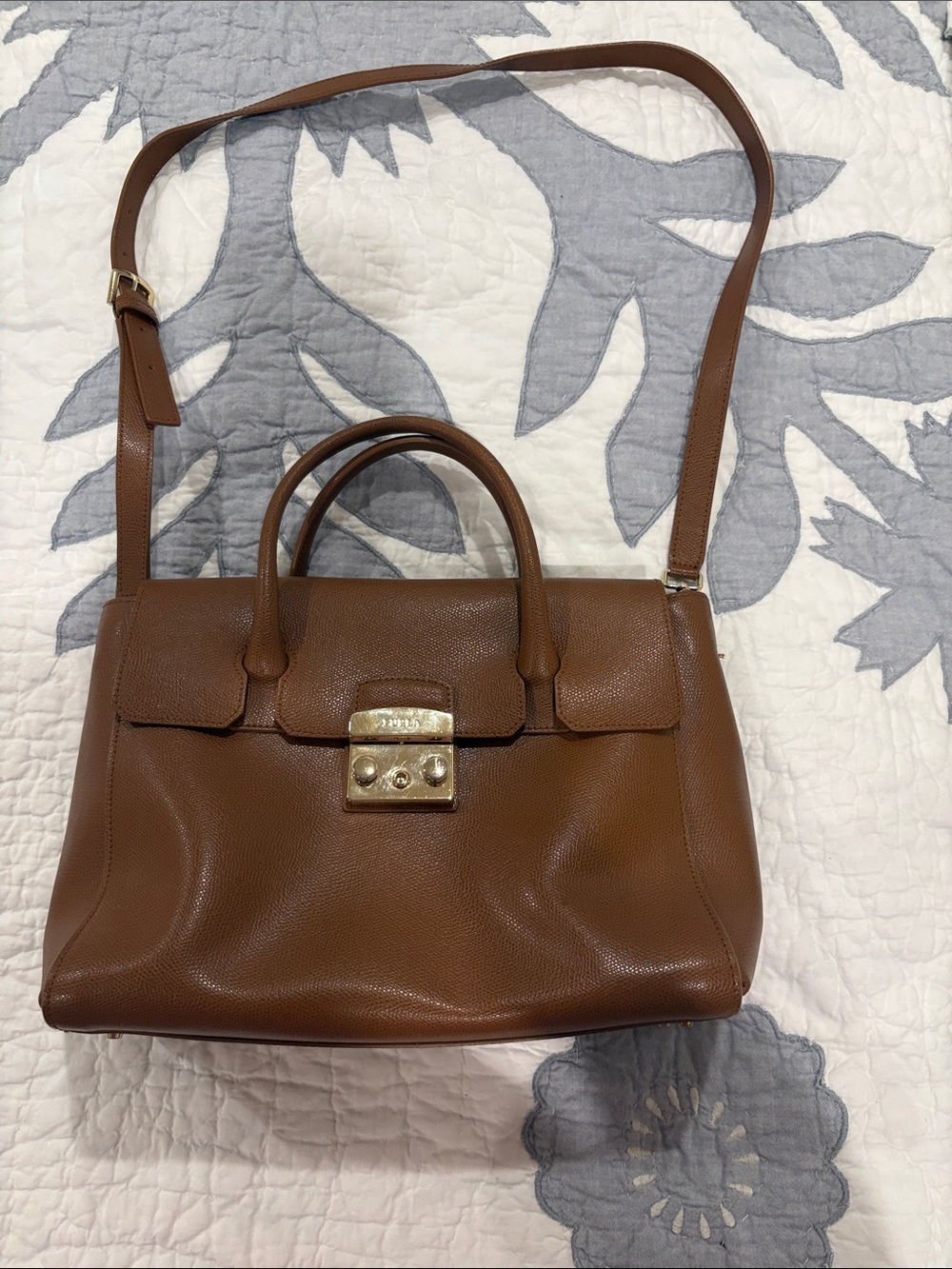 Furla Cognac Brown Leather Satchel with Gold-Tone Lock